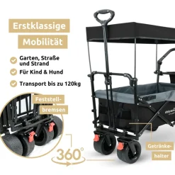 deluxe4home Bollerwagen mit Dach BEN 66 x 126 cm schwarz /grau