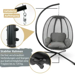 deluxe4home Hängesessel mit Gestell MODERN 3-tlg schwarz /anthrazit