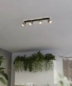 EGLO Retrofit Deckenlampe mit 4 Spots ROSLEY schwarz /naturfarbig