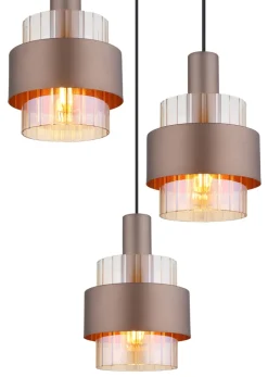 GLOBO Pendelleuchte MILLEY, höheneinstellbar 80-150 cm, Metall/Glas, E27, 3 Brennstellen, 180 W, Schutzklasse 1, IP20, Braun/Schwarz/Goldfarbig