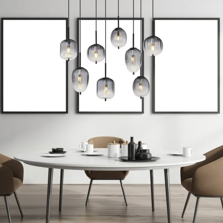 GLOBO Retrofit Balkenpendel ATTILA 8-flg schwarz /Rauchglas