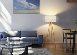 GLOBO Retrofit Tripod Stehlampe STABILO, Holznachbildung/Textil, Höhe 150 cm Braun/Weiß