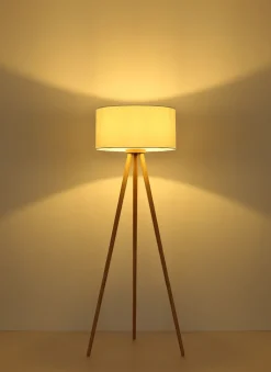 GLOBO Retrofit Tripod Stehlampe STABILO, Holznachbildung/Textil, Höhe 150 cm Braun/Weiß