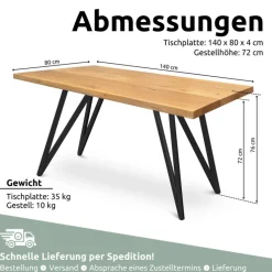 holz4home Esstisch 140 x 80 cm Eiche massiv/Dreieck-Gestell schwarz