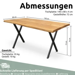 holz4home Esstisch 140 x 80 cm Eiche massiv/X-Gestell schwarz