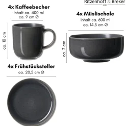 Ritzenhoff & Breker Frühstücksservice TOLEDO 12-teilig Steinzeug grau