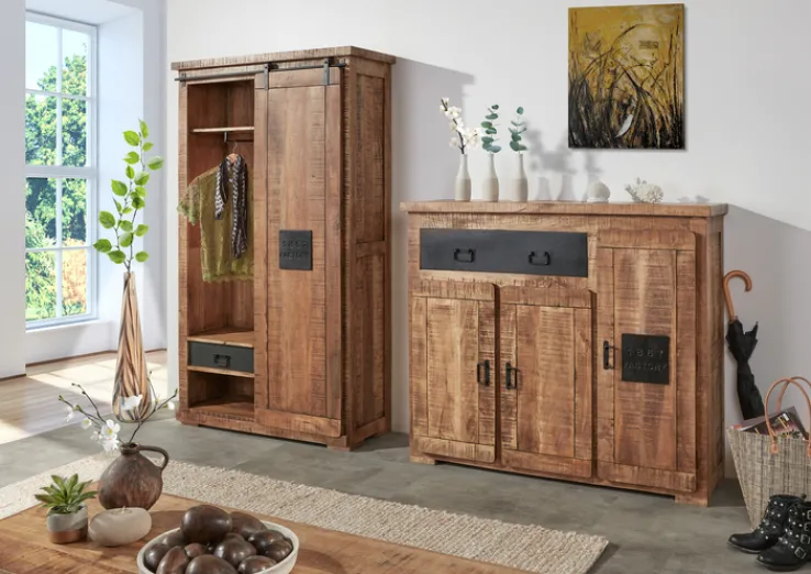 Schuhschrank BARNEY 135 x 115 cm Mango massiv sägerau, gebeizt, lackiert/schwarz