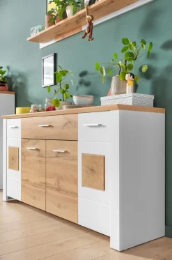 QUARTIER Sideboard RAMIRA 164x87 cm Weiß supermatt / Eiche Nachbildung