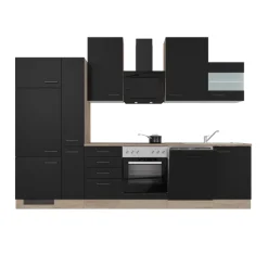 QUARTIER Singleküche MARY Touch Schwarz/Endgrain Oak ca.310x234x60 cm