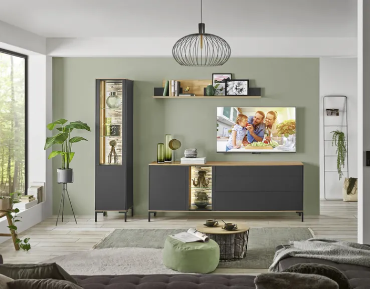 QUARTIER Vitrine COMO 42x180 cm Anthrazit matt Lack/Asteiche-Dekor