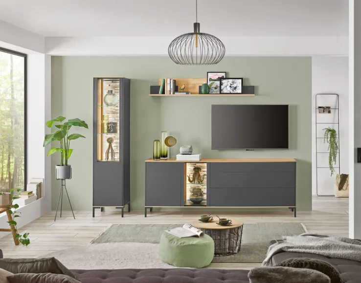 QUARTIER Vitrine COMO 42x180 cm Anthrazit matt Lack/Asteiche-Dekor