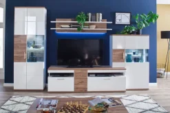 Wohnwand 320 cm NB weiß /Hochglanz weiß mit Sterling Oak